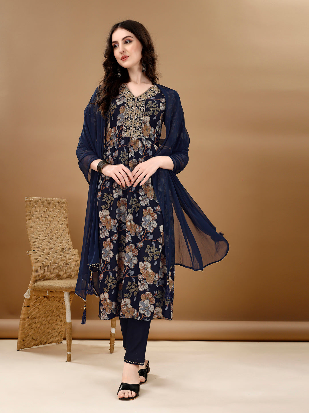 Alia Cut Floral Printed & Embroidered Kurta Suit Set, Navy Blue - Hiral Fashion | Grocsy