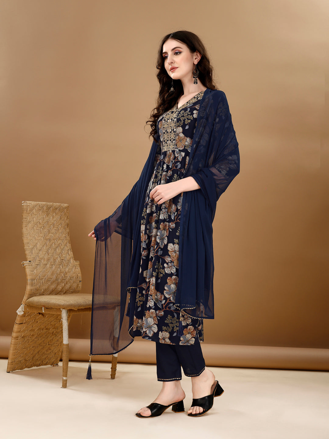 Alia Cut Floral Printed & Embroidered Kurta Suit Set, Navy Blue - Hiral Fashion | Grocsy