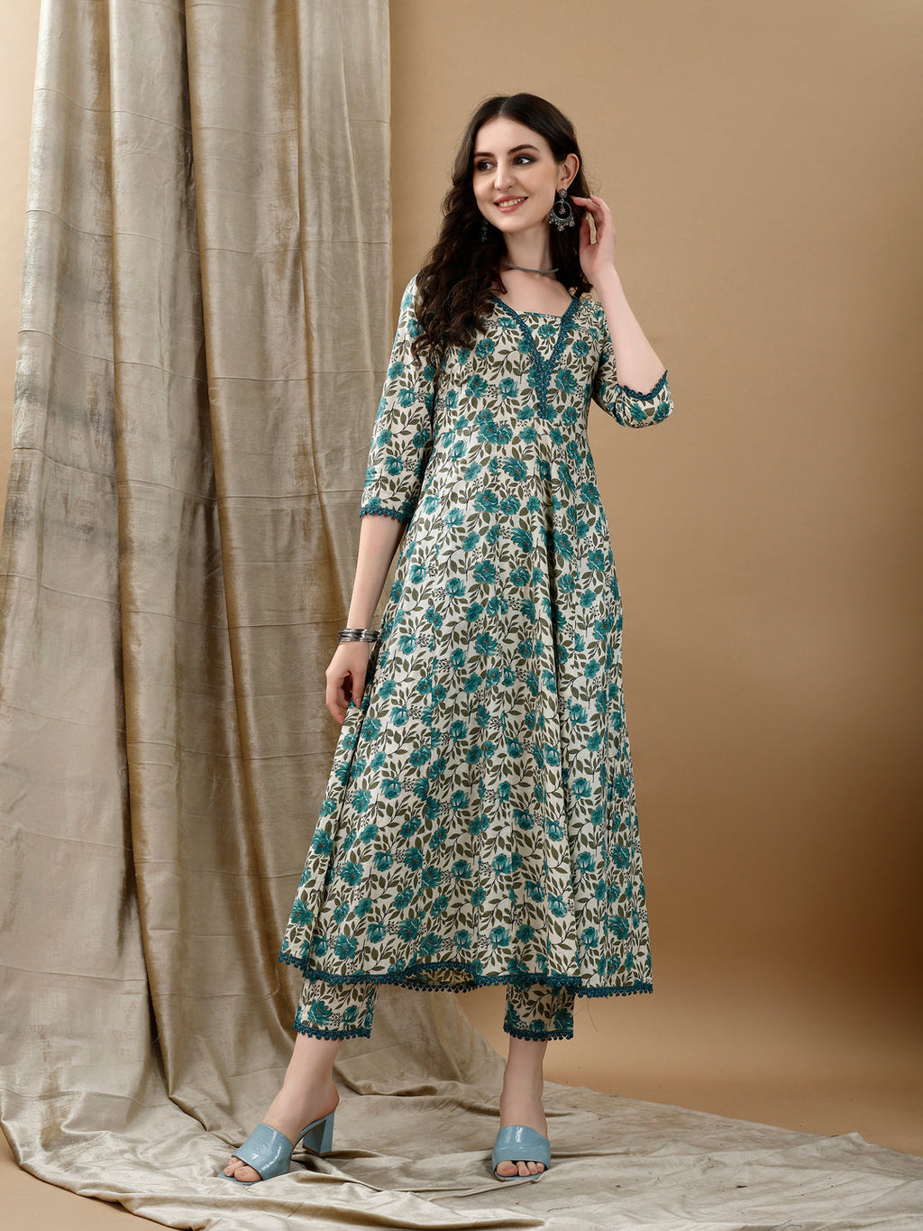 Floral Printed Anarkali Kurta With Pant & Dupatta Luxury Premium, Multicolor - Hiral Fashion | Grocsy