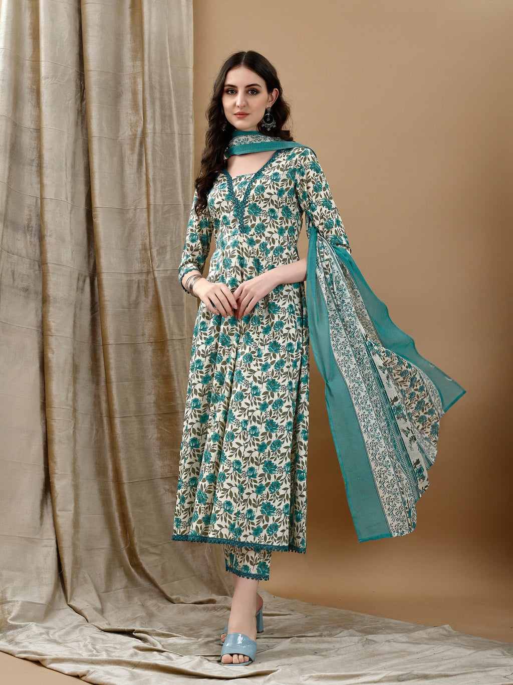 Floral Printed Anarkali Kurta With Pant & Dupatta Luxury Premium, Multicolor - Hiral Fashion | Grocsy