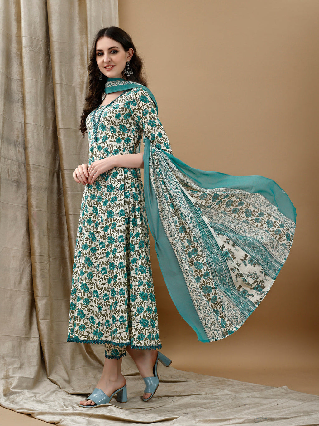 Floral Printed Anarkali Kurta With Pant & Dupatta Luxury Premium, Multicolor - Hiral Fashion | Grocsy