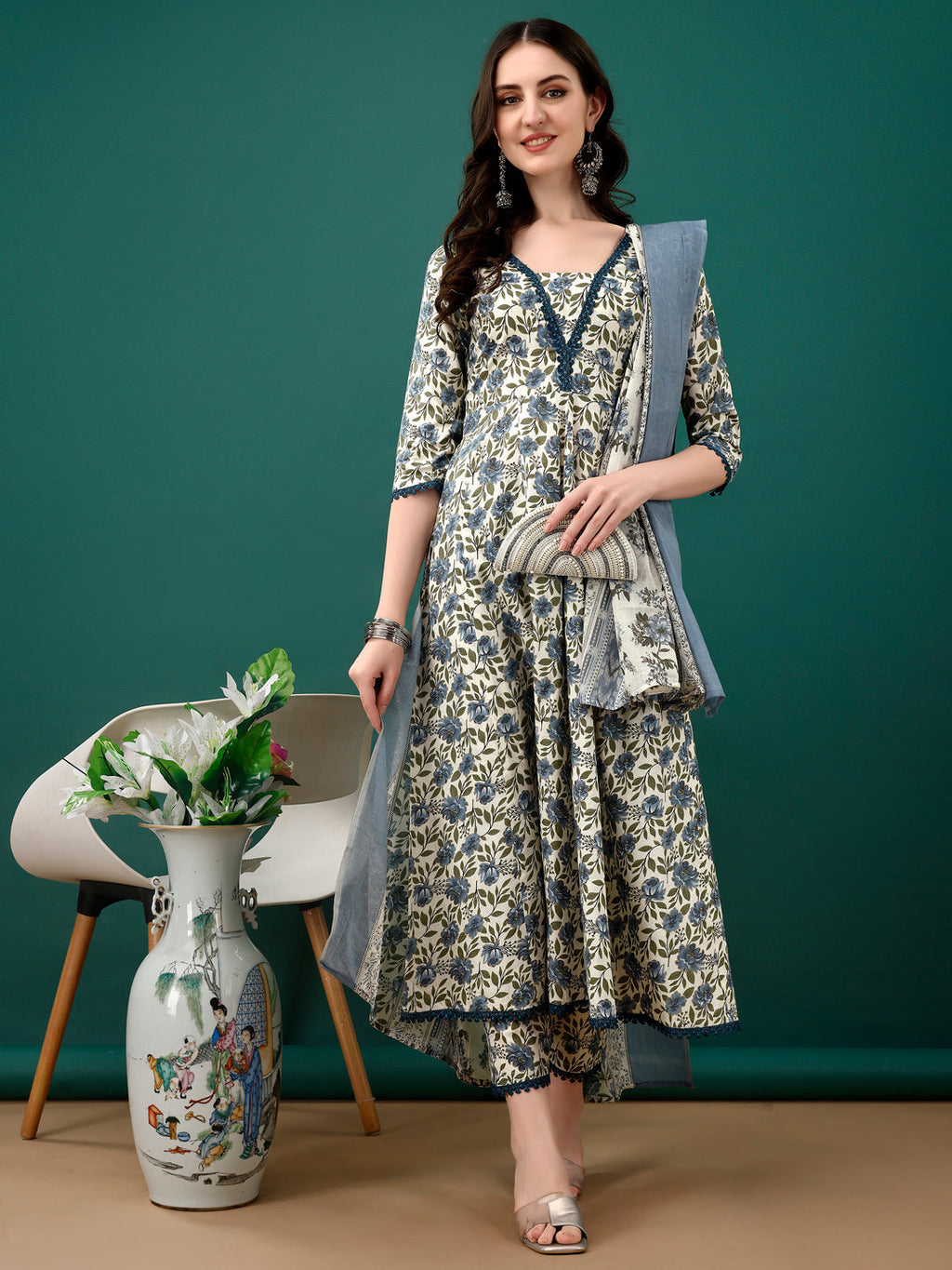 Floral Printed Anarkali Kurta With Pant & Dupatta Luxury Premium, Navy Blue - Hiral Fashion | Grocsy