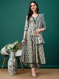 Floral Printed Anarkali Kurta With Pant & Dupatta Luxury Premium, Navy Blue - Hiral Fashion | Grocsy