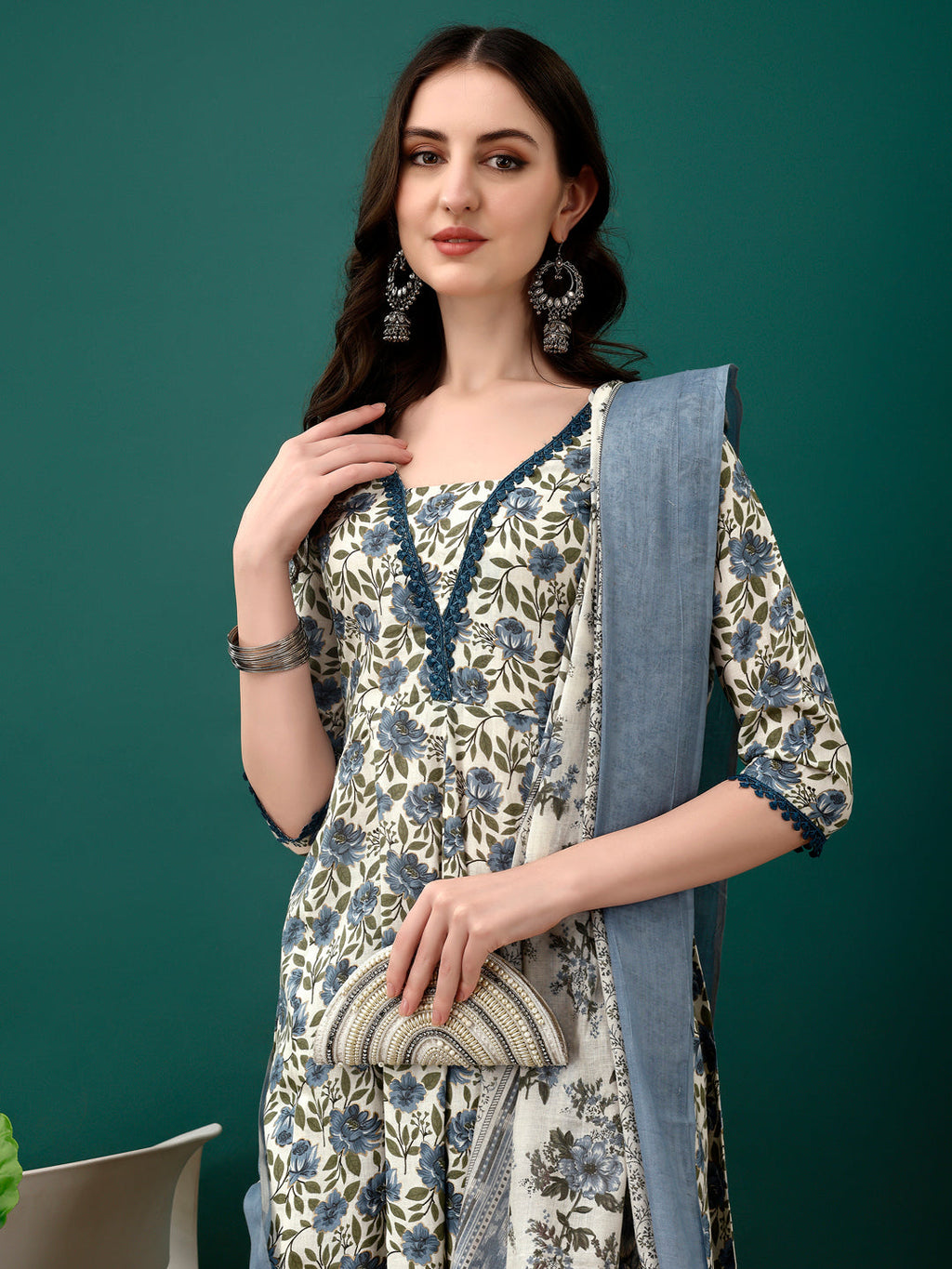 Floral Printed Anarkali Kurta With Pant & Dupatta Luxury Premium, Navy Blue - Hiral Fashion | Grocsy