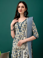 Floral Printed Anarkali Kurta With Pant & Dupatta Luxury Premium, Navy Blue - Hiral Fashion | Grocsy
