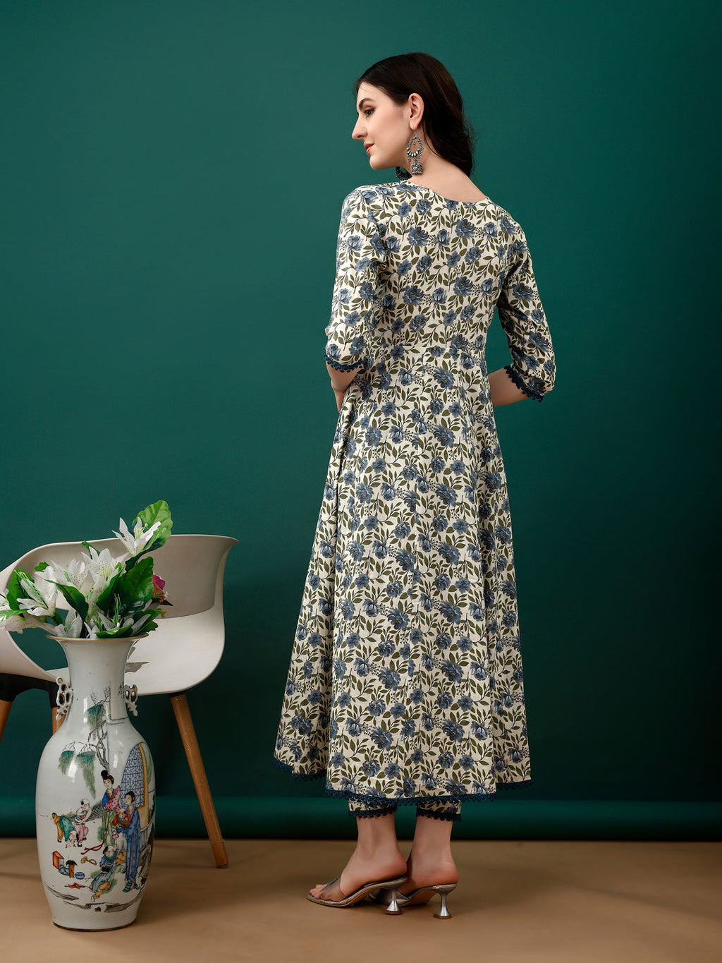 Floral Printed Anarkali Kurta With Pant & Dupatta Luxury Premium, Navy Blue - Hiral Fashion | Grocsy