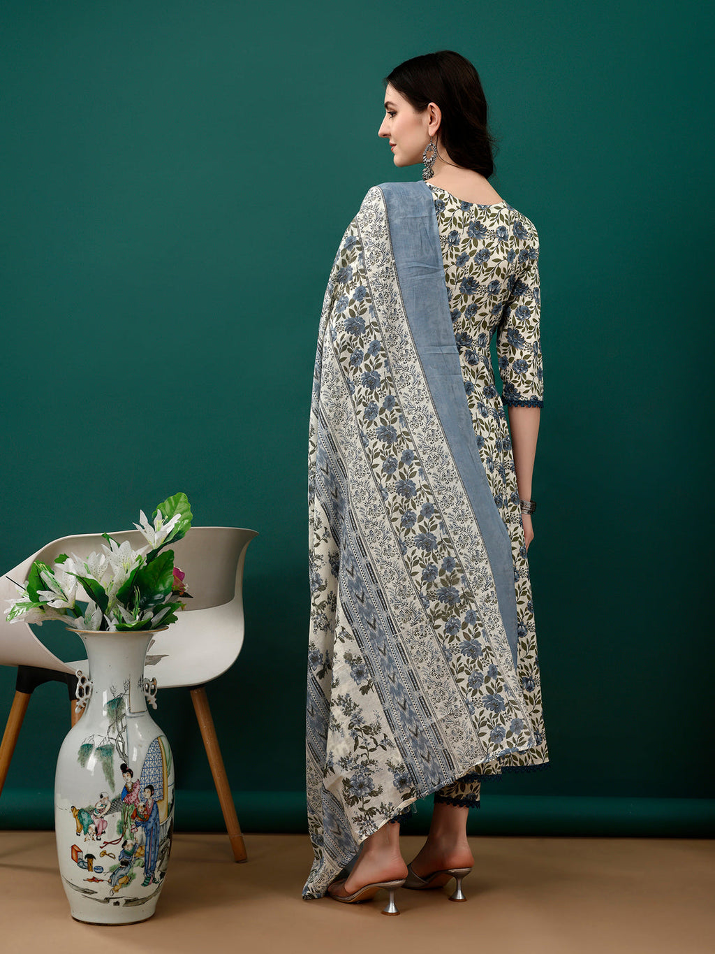 Floral Printed Anarkali Kurta With Pant & Dupatta Luxury Premium, Navy Blue - Hiral Fashion | Grocsy
