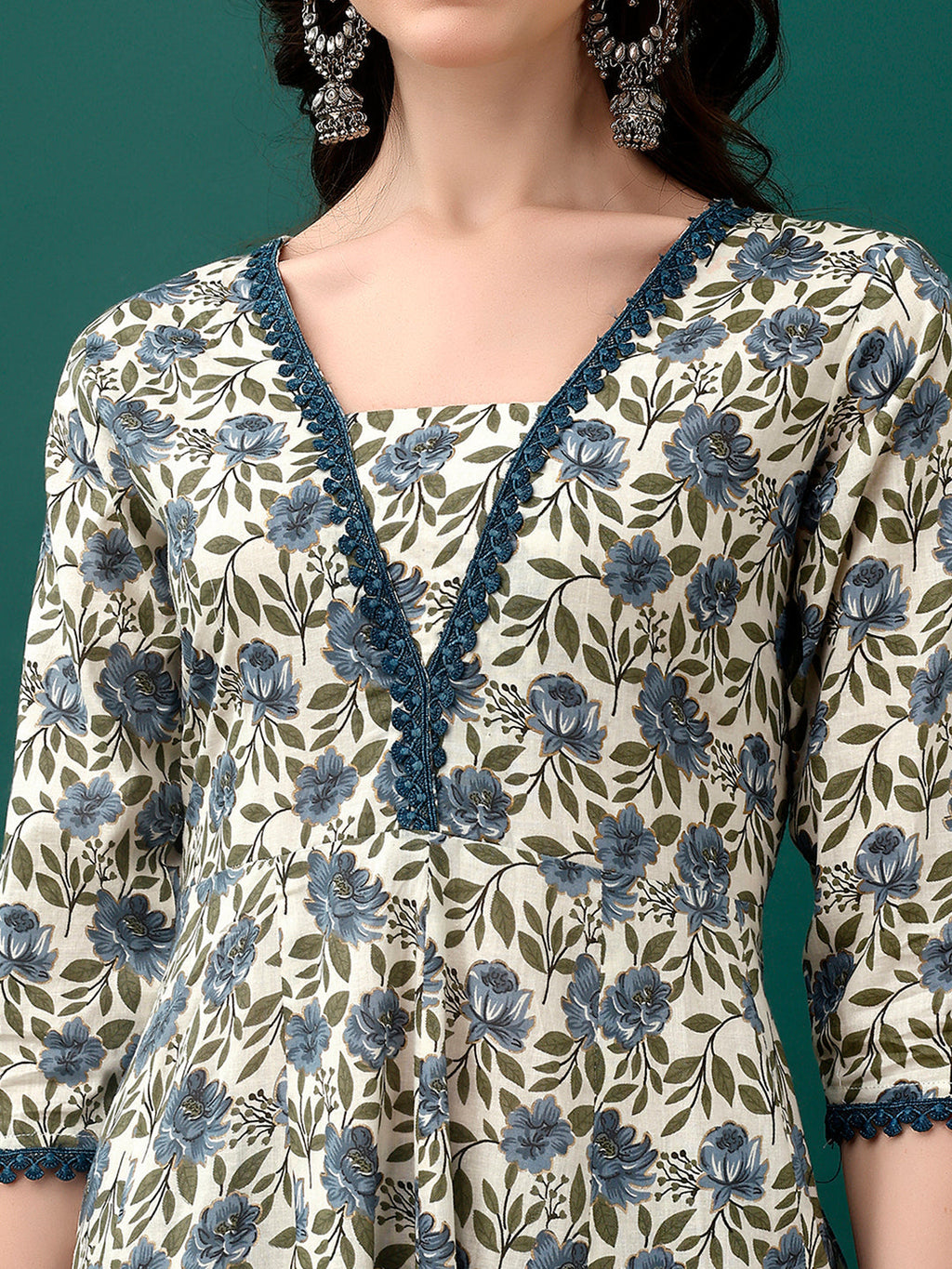 Floral Printed Anarkali Kurta With Pant & Dupatta Luxury Premium, Navy Blue - Hiral Fashion | Grocsy