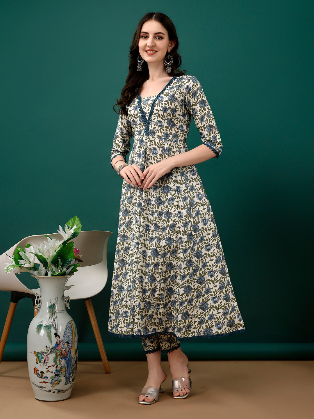 Floral Printed Anarkali Kurta With Pant & Dupatta Luxury Premium, Navy Blue - Hiral Fashion | Grocsy