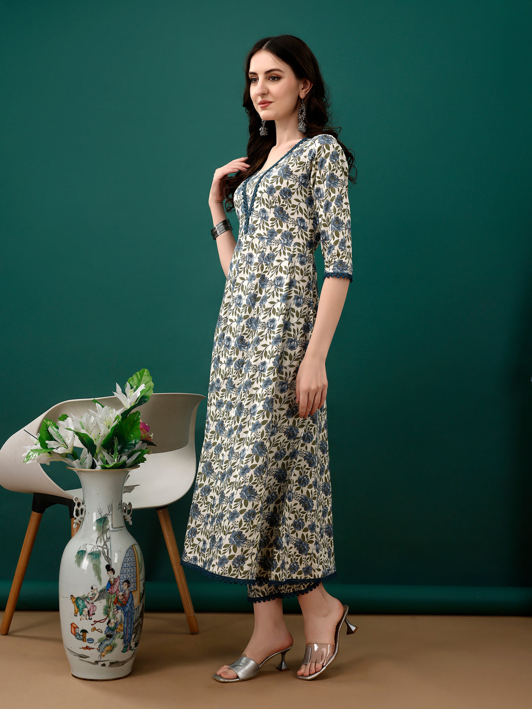 Floral Printed Anarkali Kurta With Pant & Dupatta Luxury Premium, Navy Blue - Hiral Fashion | Grocsy