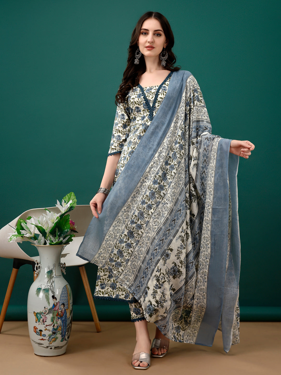 Floral Printed Anarkali Kurta With Pant & Dupatta Luxury Premium, Navy Blue - Hiral Fashion | Grocsy