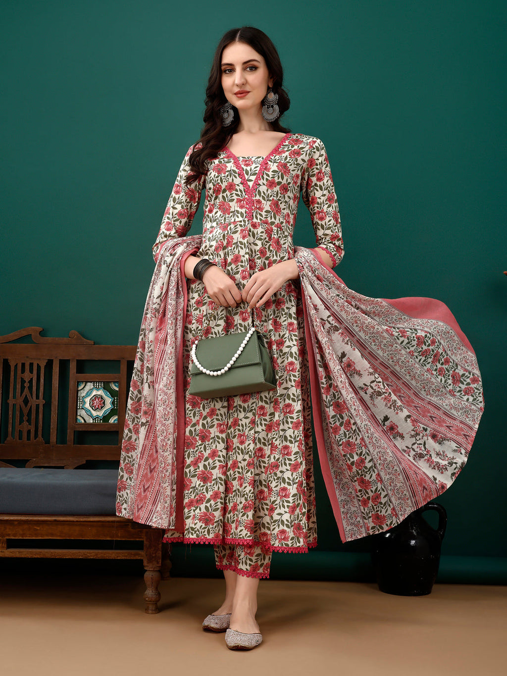 Floral Printed Anarkali Kurta With Pant & Dupatta Luxury Premium, Pink - Hiral Fashion | Grocsy
