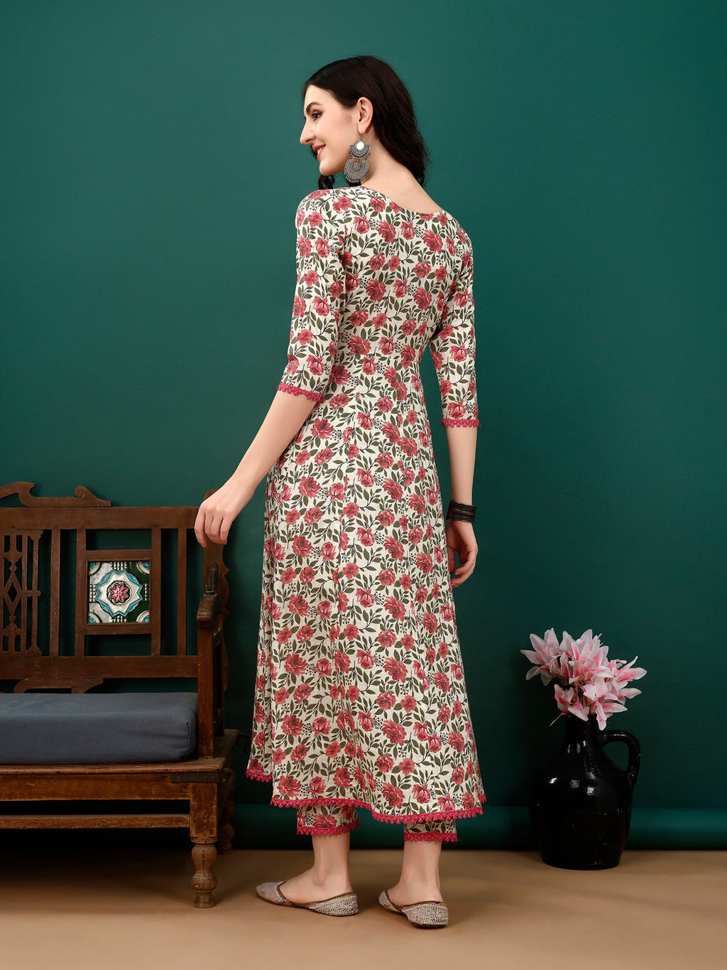 Floral Printed Anarkali Kurta With Pant & Dupatta Luxury Premium, Pink - Hiral Fashion | Grocsy