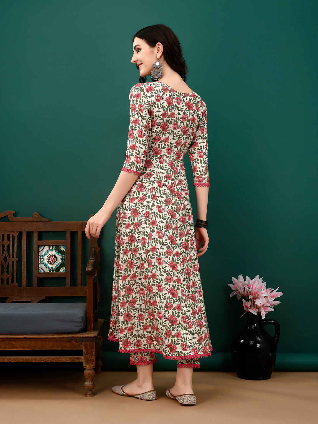 Floral Printed Anarkali Kurta With Pant & Dupatta Luxury Premium, Pink - Hiral Fashion | Grocsy