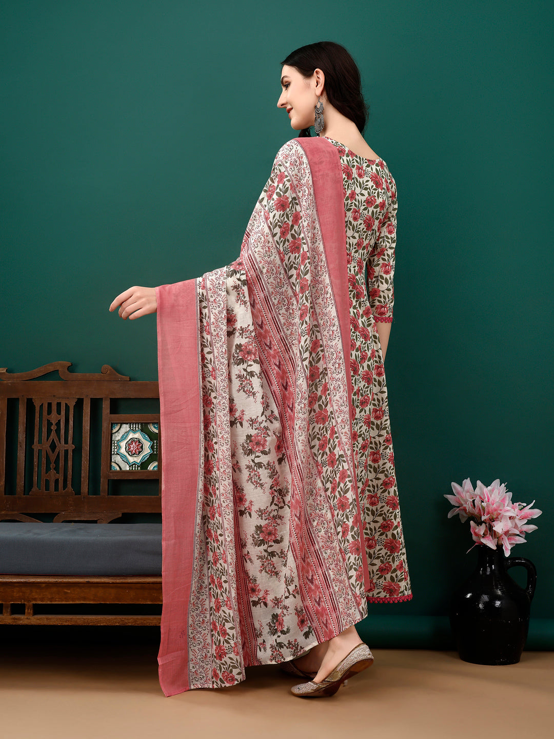 Floral Printed Anarkali Kurta With Pant & Dupatta Luxury Premium, Pink - Hiral Fashion | Grocsy