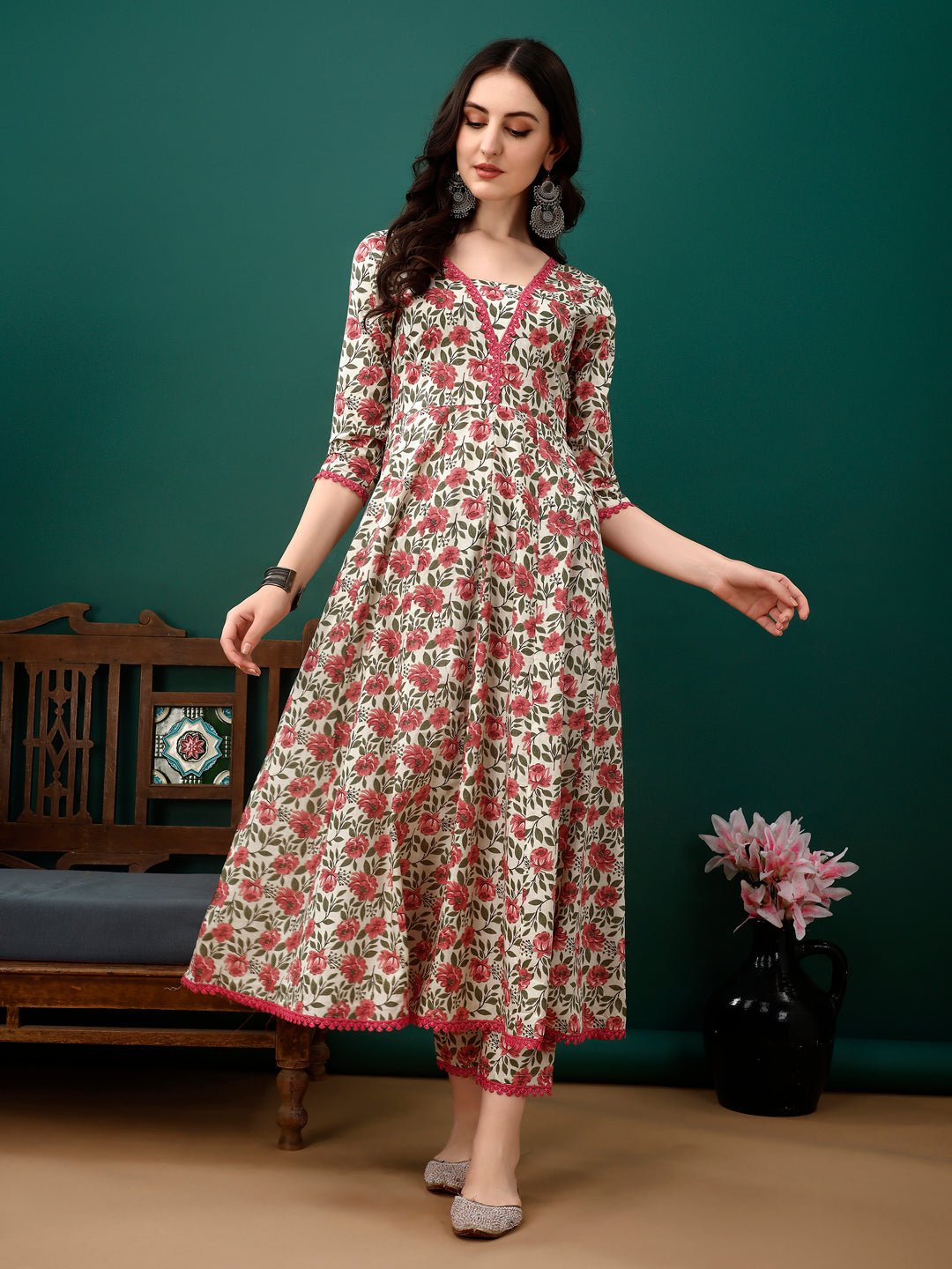 Floral Printed Anarkali Kurta With Pant & Dupatta Luxury Premium, Pink - Hiral Fashion | Grocsy