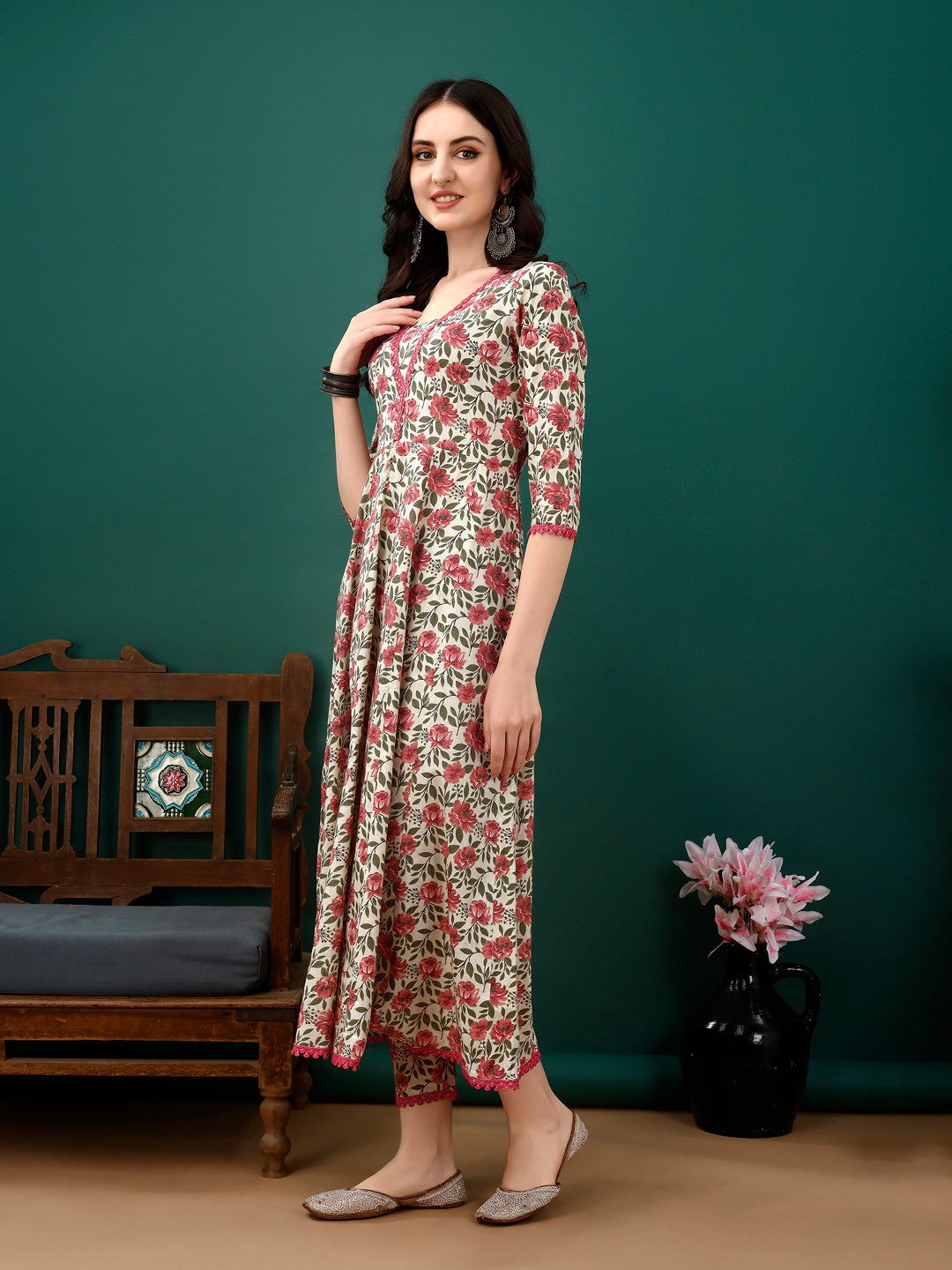 Floral Printed Anarkali Kurta With Pant & Dupatta Luxury Premium, Pink - Hiral Fashion | Grocsy