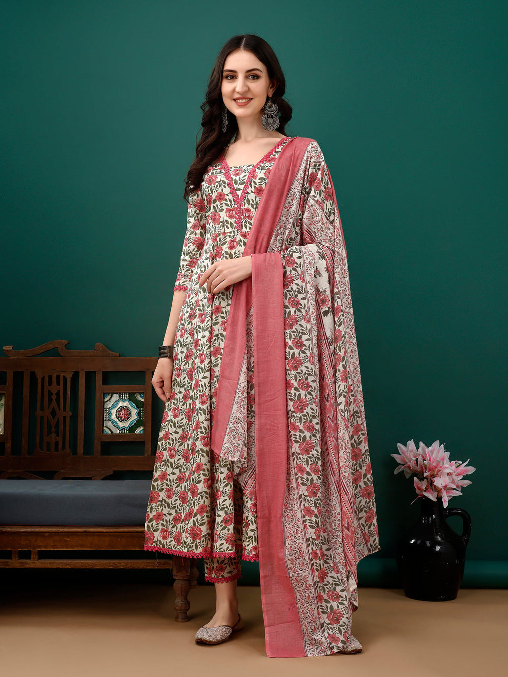 Floral Printed Anarkali Kurta With Pant & Dupatta Luxury Premium, Pink - Hiral Fashion | Grocsy