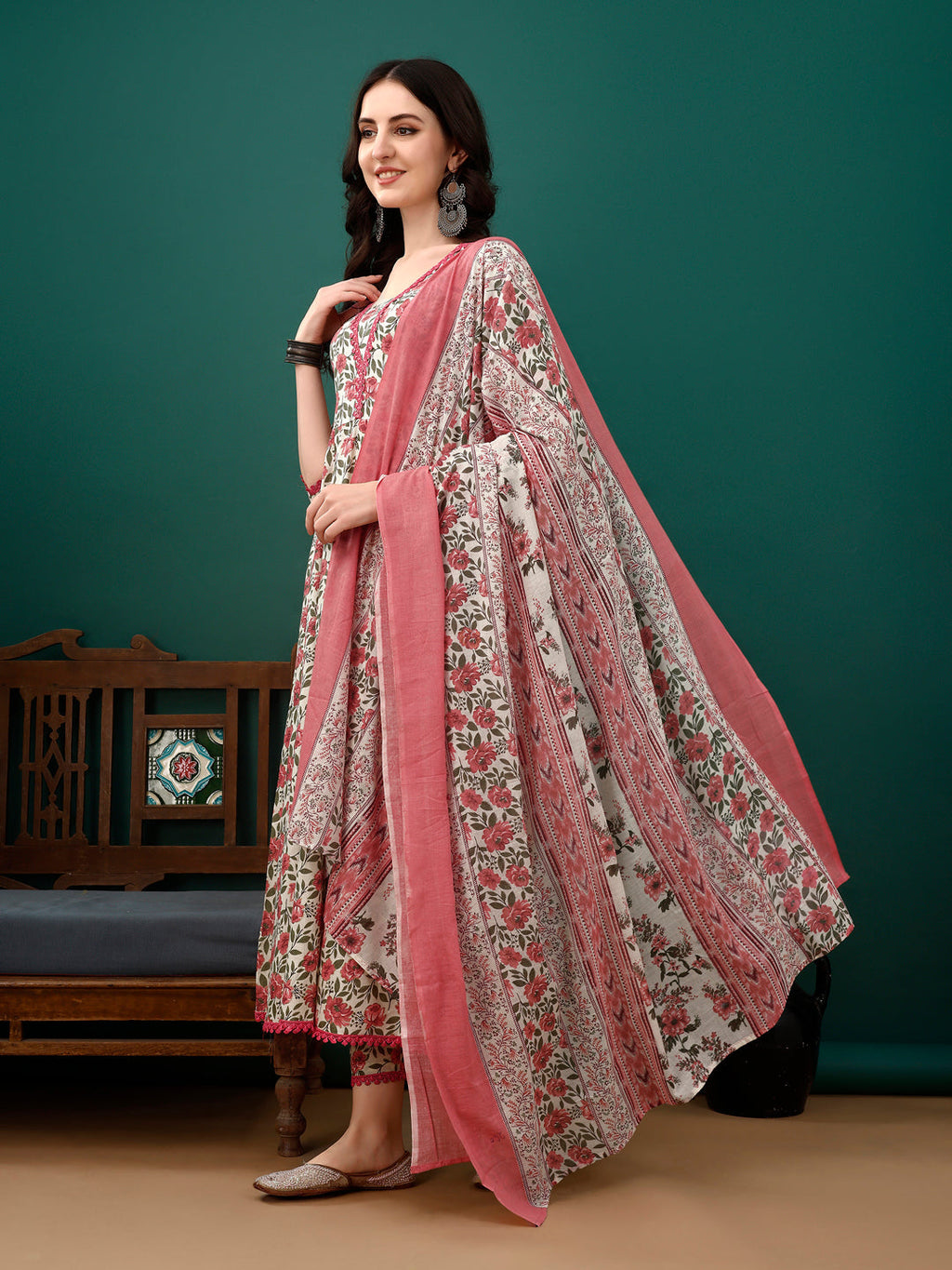 Floral Printed Anarkali Kurta With Pant & Dupatta Luxury Premium, Pink - Hiral Fashion | Grocsy