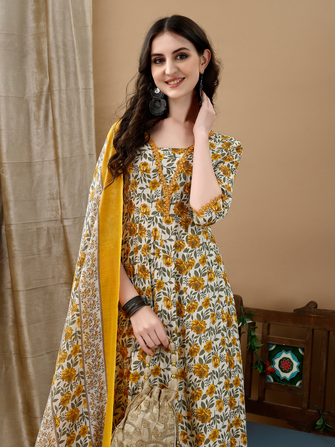 Floral Printed Anarkali Kurta With Pant & Dupatta Luxury Premium, Multicolor - Hiral Fashion | Grocsy