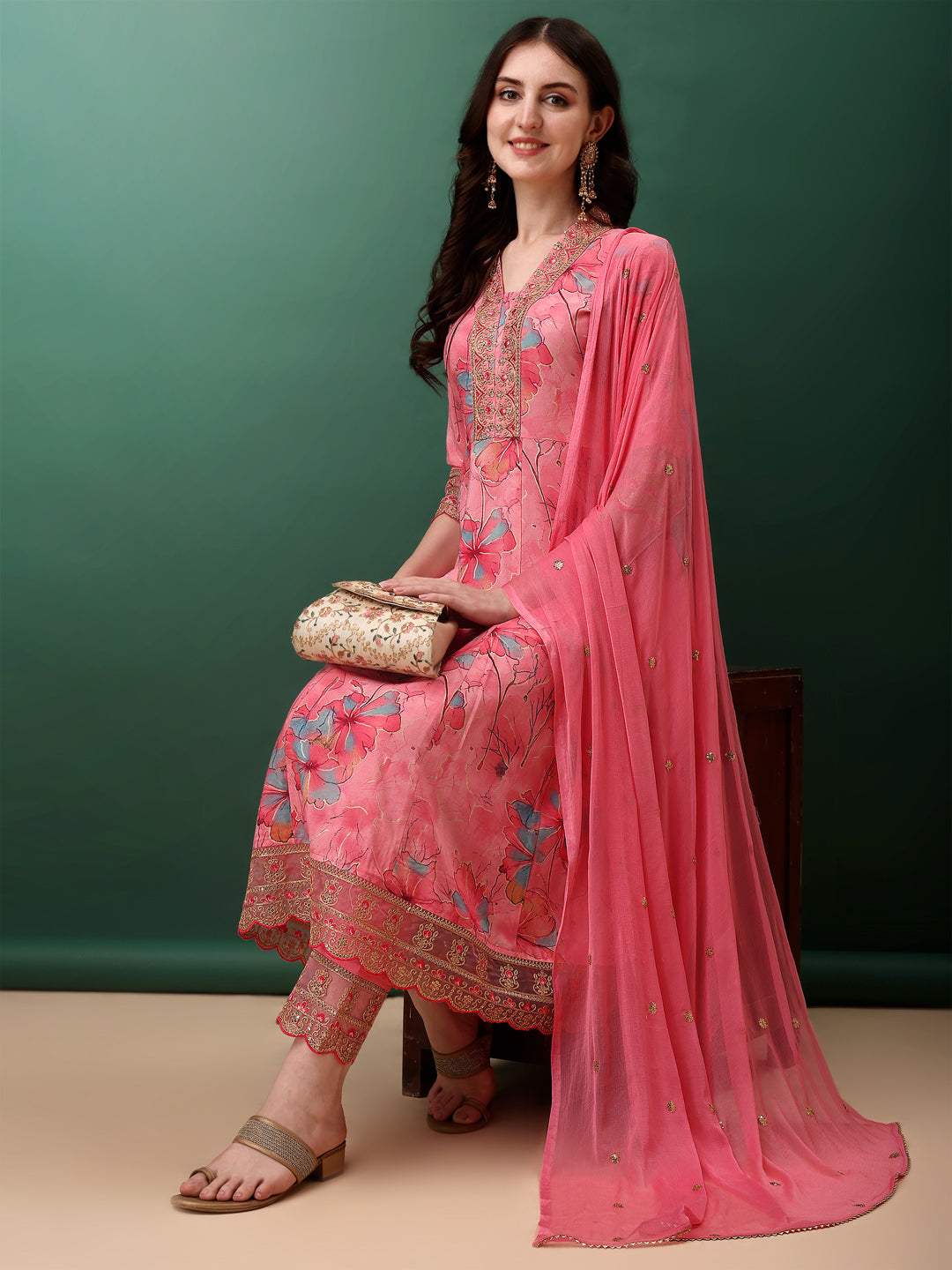 Embroidered & Floral Printed Flared Kurta With Pant & Dupatta, Pink - Hiral Fashion | Grocsy