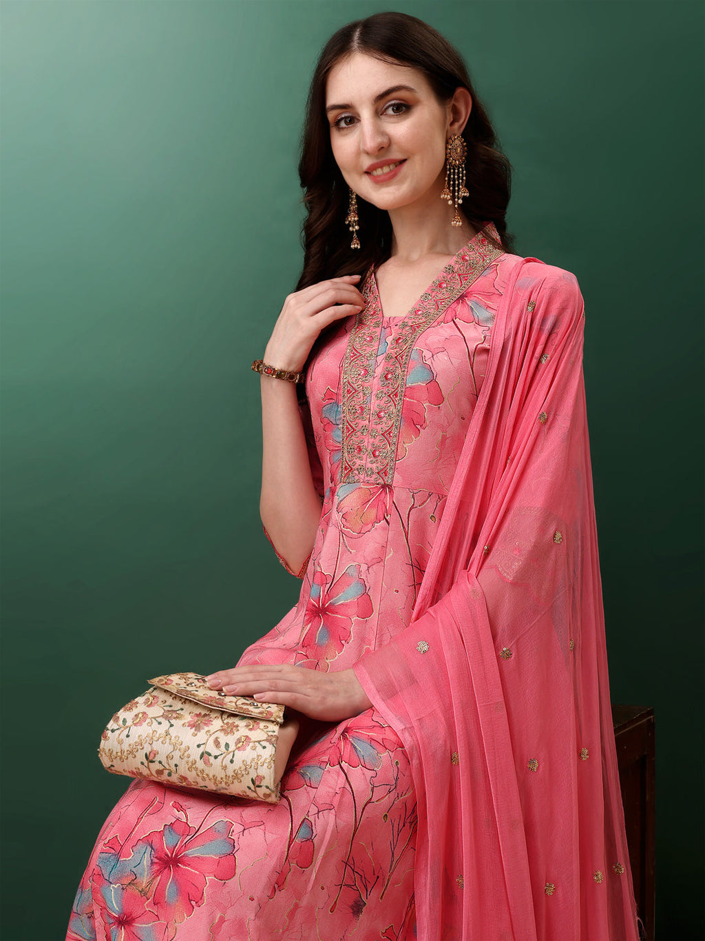 Embroidered & Floral Printed Flared Kurta With Pant & Dupatta, Pink - Hiral Fashion | Grocsy