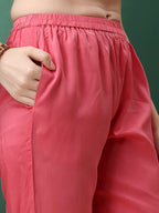 Embroidered & Floral Printed Flared Kurta With Pant & Dupatta, Pink - Hiral Fashion | Grocsy