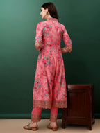 Embroidered & Floral Printed Flared Kurta With Pant & Dupatta, Pink - Hiral Fashion | Grocsy