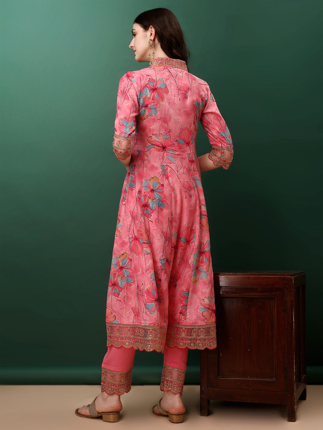Embroidered & Floral Printed Flared Kurta With Pant & Dupatta, Pink - Hiral Fashion | Grocsy