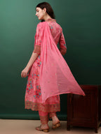 Embroidered & Floral Printed Flared Kurta With Pant & Dupatta, Pink - Hiral Fashion | Grocsy