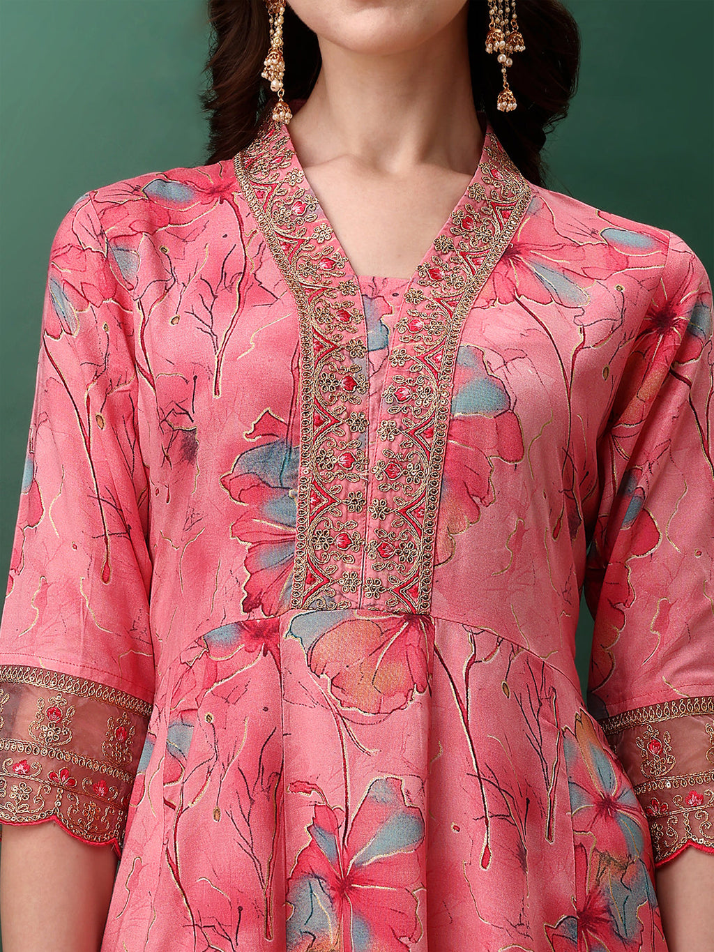 Embroidered & Floral Printed Flared Kurta With Pant & Dupatta, Pink - Hiral Fashion | Grocsy