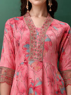 Embroidered & Floral Printed Flared Kurta With Pant & Dupatta, Pink - Hiral Fashion | Grocsy