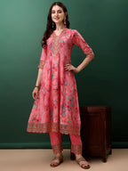 Embroidered & Floral Printed Flared Kurta With Pant & Dupatta, Pink - Hiral Fashion | Grocsy