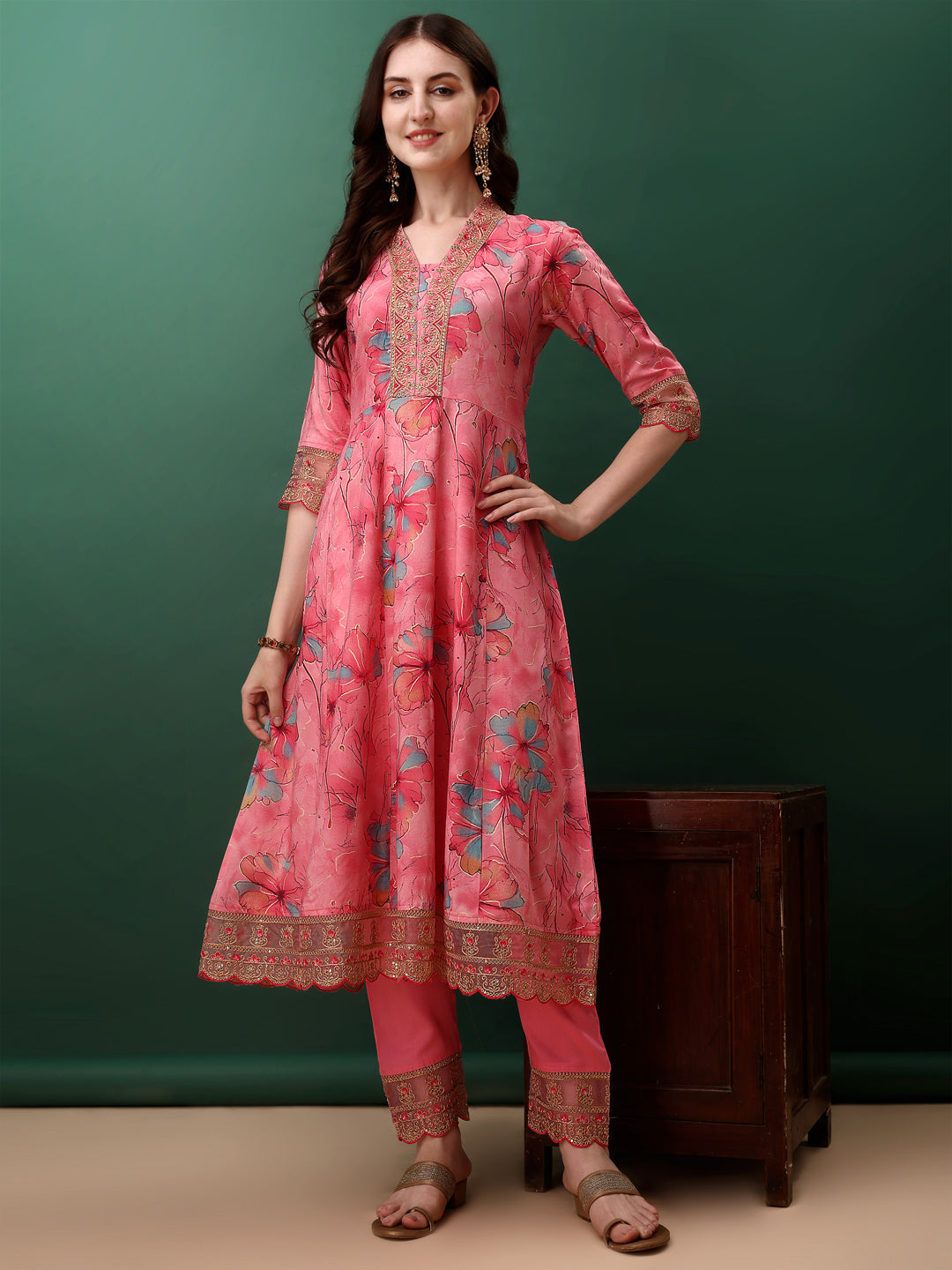 Embroidered & Floral Printed Flared Kurta With Pant & Dupatta, Pink - Hiral Fashion | Grocsy