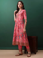 Embroidered & Floral Printed Flared Kurta With Pant & Dupatta, Pink - Hiral Fashion | Grocsy