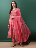 Embroidered & Floral Printed Flared Kurta With Pant & Dupatta, Pink - Hiral Fashion | Grocsy
