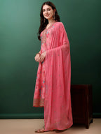 Embroidered & Floral Printed Flared Kurta With Pant & Dupatta, Pink - Hiral Fashion | Grocsy