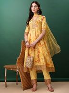 Embroidered & Floral Printed Flared Kurta With Pant & Dupatta, Yellow - Hiral Fashion | Grocsy