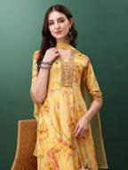 Embroidered & Floral Printed Flared Kurta With Pant & Dupatta, Yellow - Hiral Fashion | Grocsy