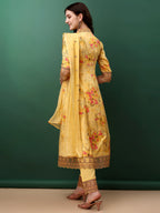 Embroidered & Floral Printed Flared Kurta With Pant & Dupatta, Yellow - Hiral Fashion | Grocsy