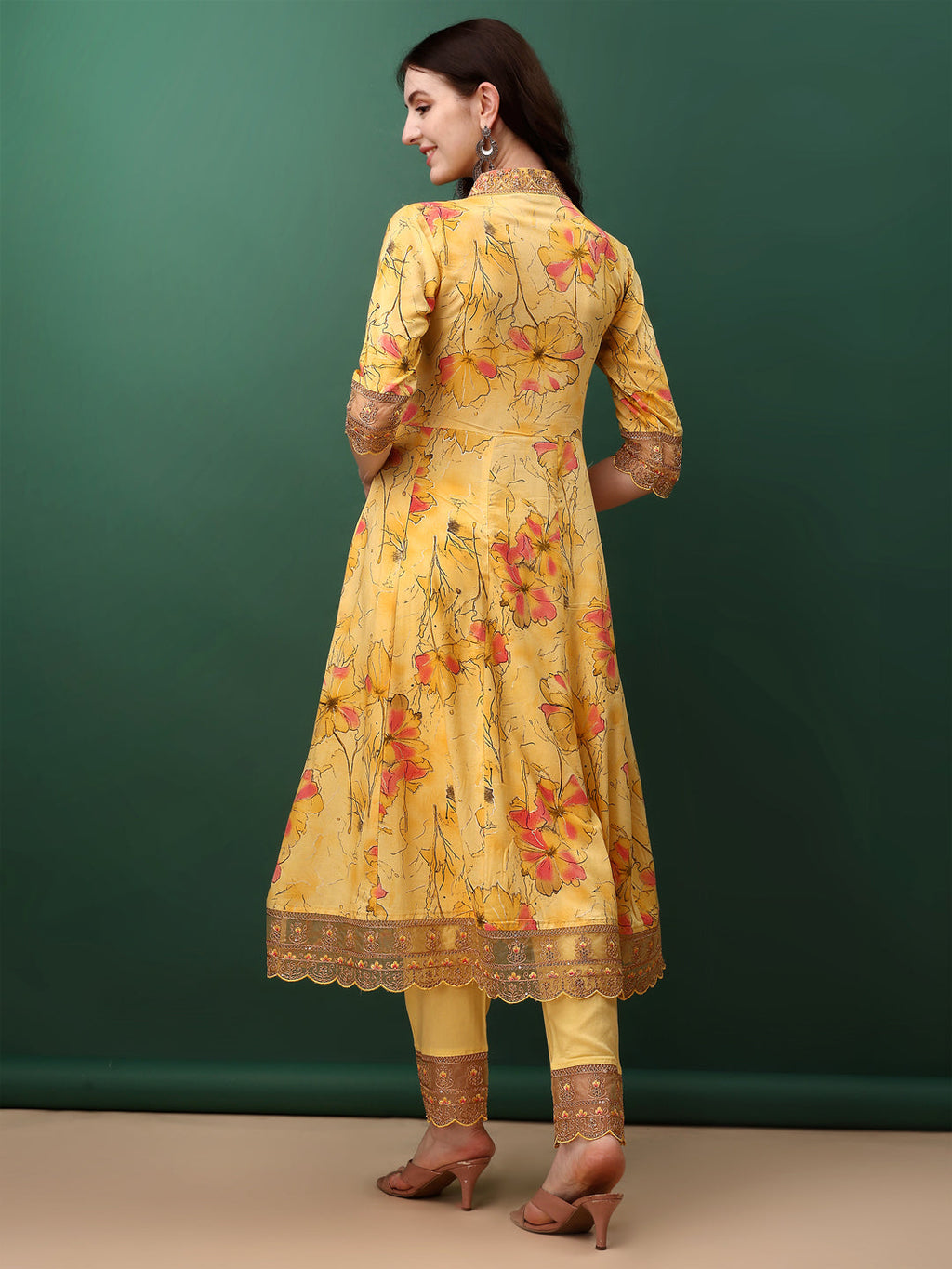 Embroidered & Floral Printed Flared Kurta With Pant & Dupatta, Yellow - Hiral Fashion | Grocsy