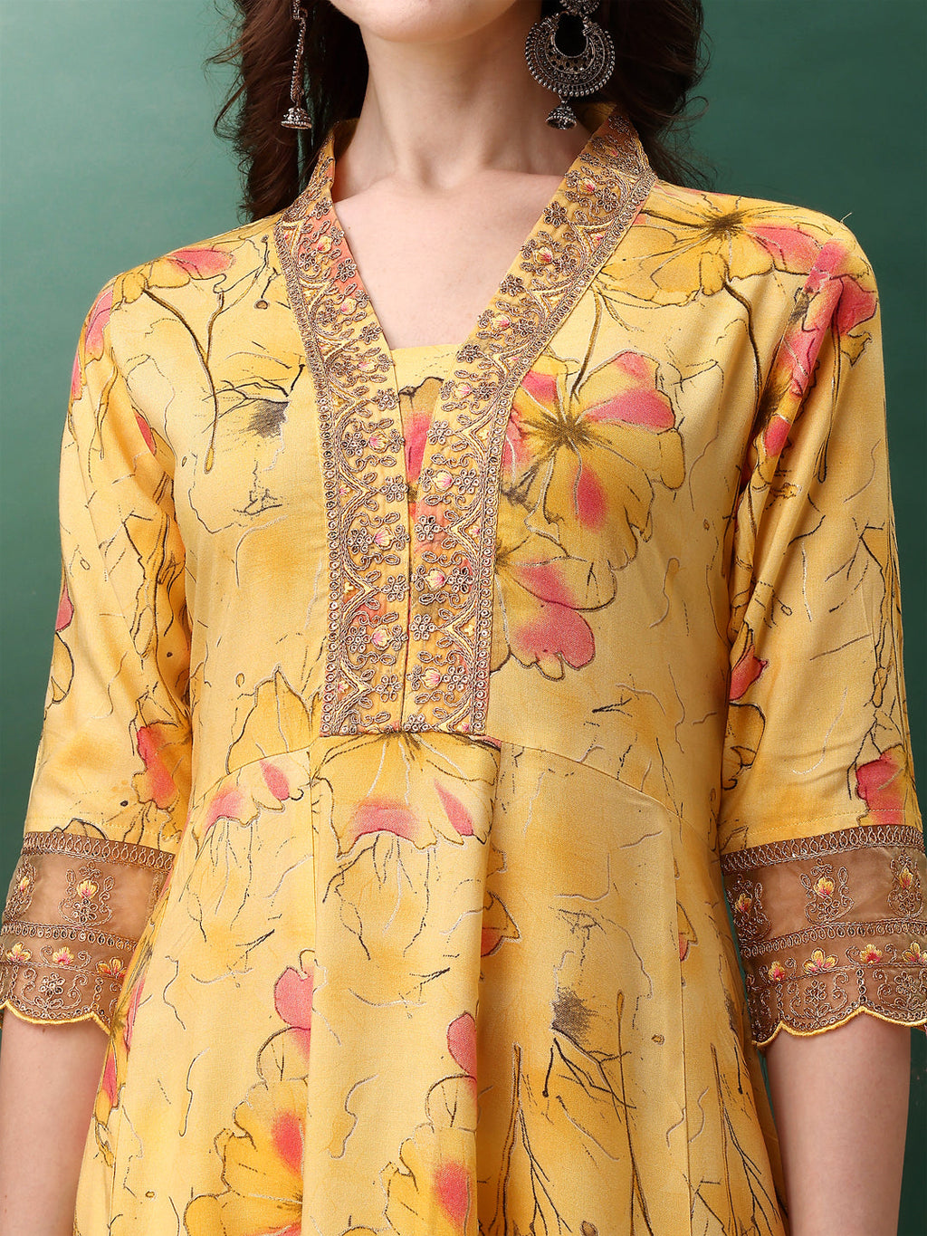 Embroidered & Floral Printed Flared Kurta With Pant & Dupatta, Yellow - Hiral Fashion | Grocsy