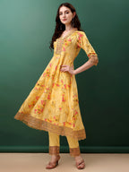 Embroidered & Floral Printed Flared Kurta With Pant & Dupatta, Yellow - Hiral Fashion | Grocsy