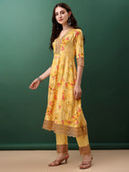 Embroidered & Floral Printed Flared Kurta With Pant & Dupatta, Yellow - Hiral Fashion | Grocsy