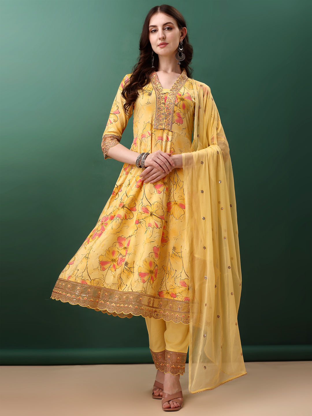 Embroidered & Floral Printed Flared Kurta With Pant & Dupatta, Yellow - Hiral Fashion | Grocsy