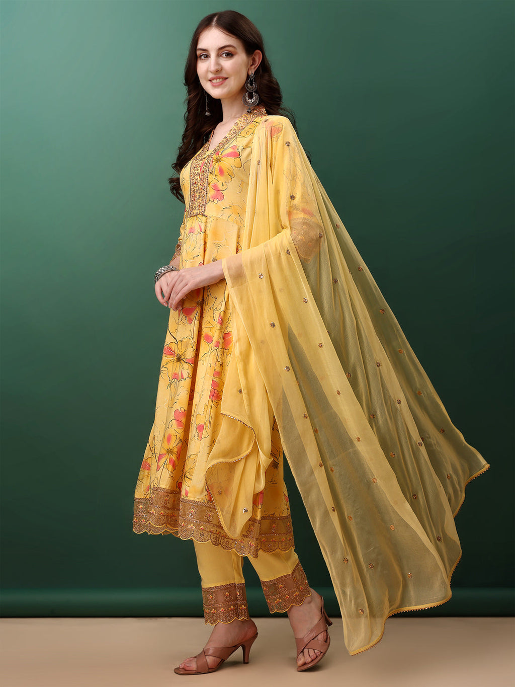 Embroidered & Floral Printed Flared Kurta With Pant & Dupatta, Yellow - Hiral Fashion | Grocsy