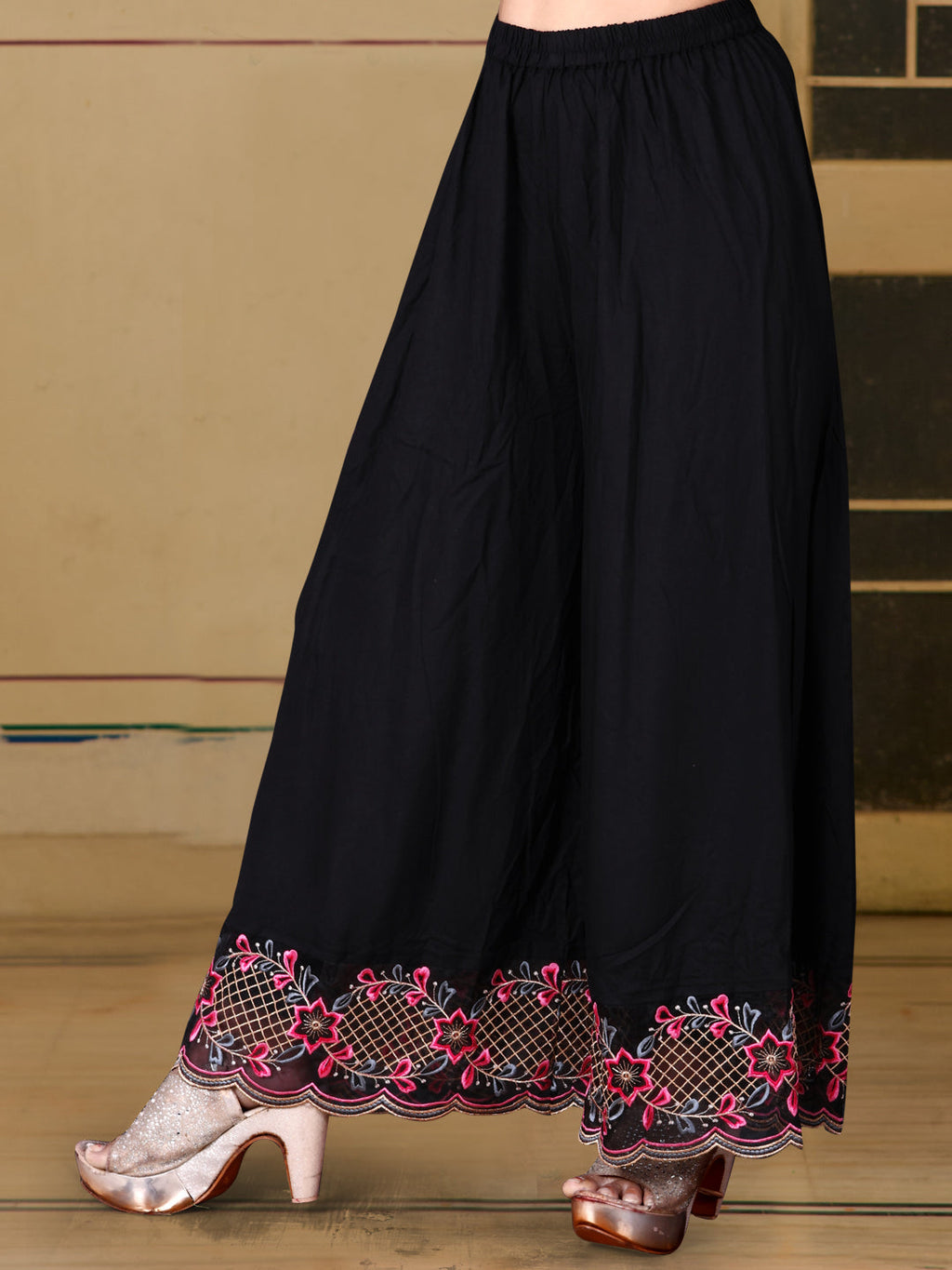 Pakistani Flared Embroidered Kurta With Embroidered Pallazo With Embroidered Dupatta, Black - Hiral Fashion | Grocsy