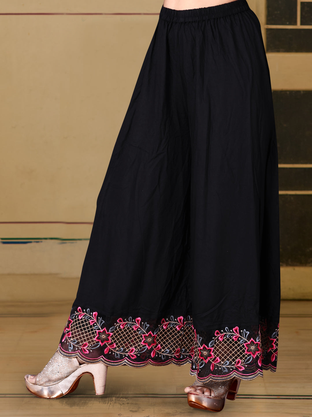 Pakistani Flared Embroidered Kurta With Embroidered Pallazo With Embroidered Dupatta, Black - Hiral Fashion | Grocsy