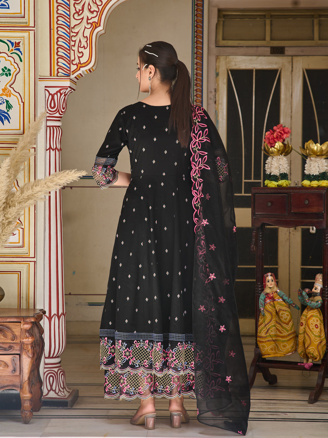 Pakistani Flared Embroidered Kurta With Embroidered Pallazo With Embroidered Dupatta, Black - Hiral Fashion | Grocsy