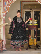 Pakistani Flared Embroidered Kurta With Embroidered Pallazo With Embroidered Dupatta, Black - Hiral Fashion | Grocsy